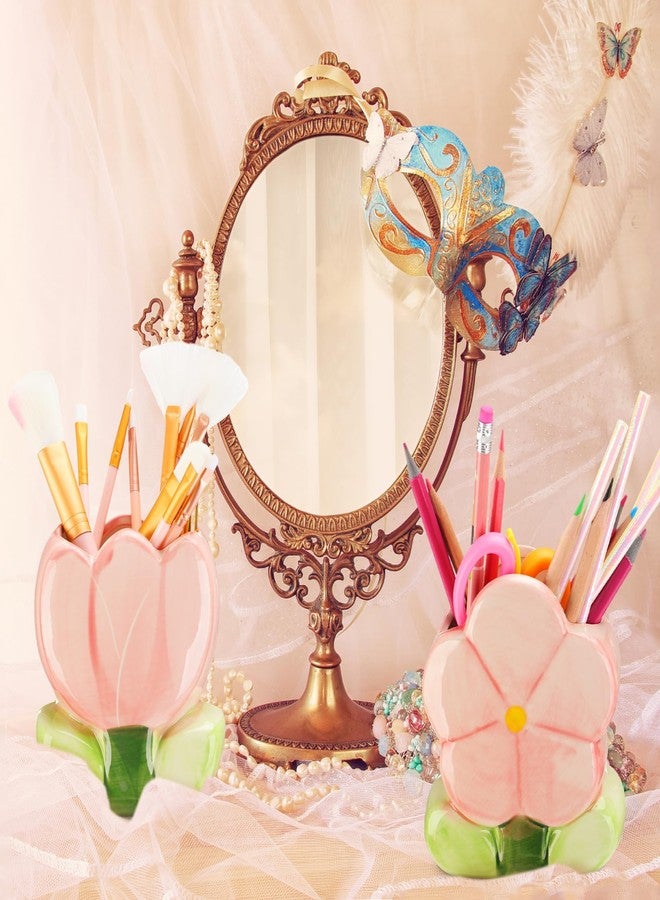 Ninehaoou 2 Pcs Pink Flower Ceramic Pen Holder Cute Tulip Pencil Holder Aesthetic Flower Makeup Brush Vase Decorative Desktop Organizer Birthday Gift for Women Office Home Wedding Party Decor - Image 5